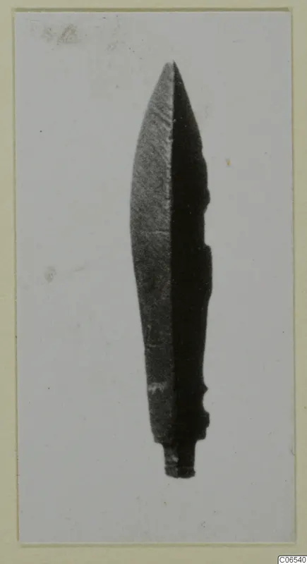 Leaf-shaped metal blade with a pointed tip and short tang, shown on a mounted print