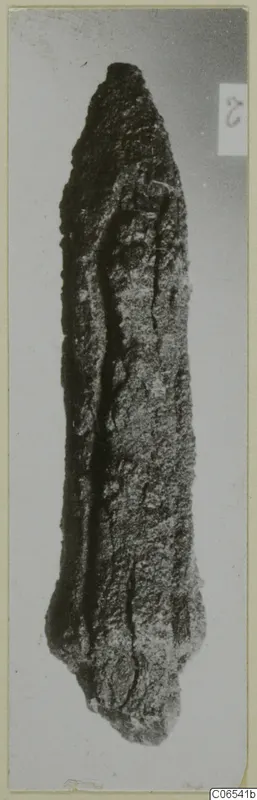Corroded iron arrowhead from Vouni, pointed at one end, photographed against a grey background