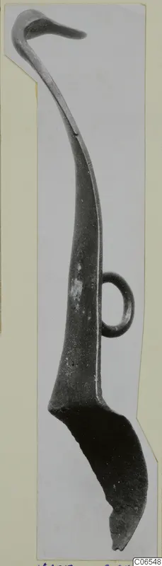 Bronze ladle with a long curved handle, a hooked top end and a small loop on one side