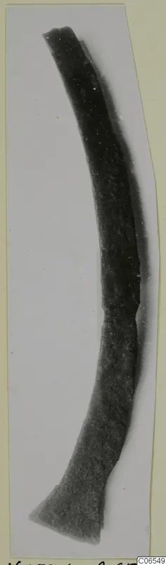 Curved bronze tool from Vouni, broken at the top and widening into a flat end at the bottom
