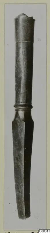 Bronze butt-spike from Vouni, with a cylindrical socket above a ring moulding and a tapering blade-like lower end