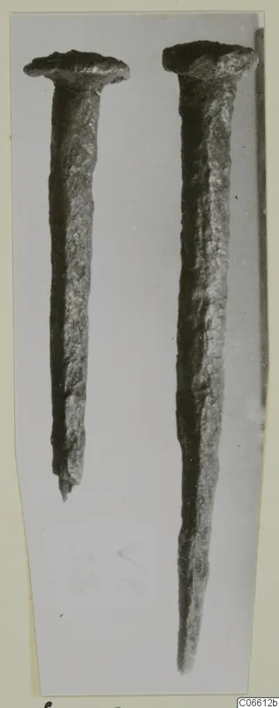 Two corroded metal nails with flat heads, shown upright side by side against a grey background, from Vouni T. 1-16