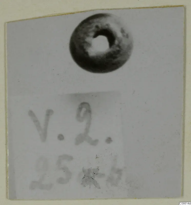 Small dark ring-shaped bead with a round central hole, Vouni, shown above a handwritten label