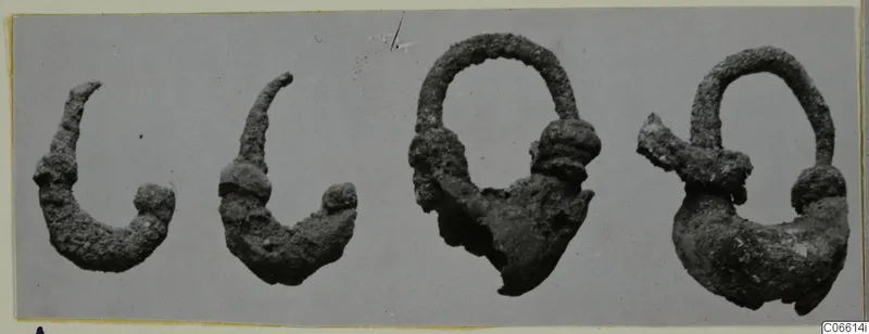 Four corroded silver objects, two curved hook-like pieces and two loop-shaped pieces, shown side by side on a grey background
