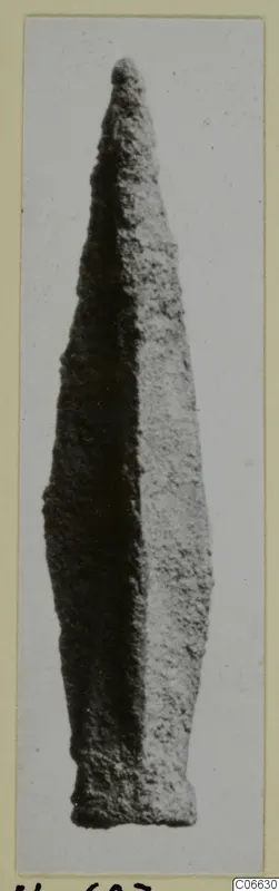 Long pointed metal blade with corroded surface, from Mersinaki
