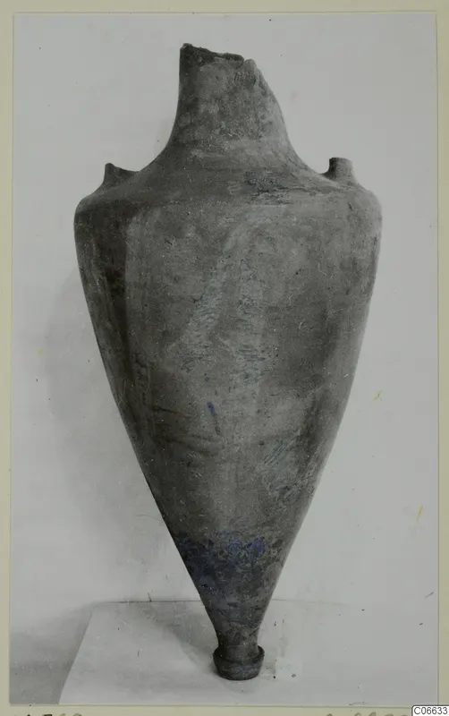 Pottery Plain White VII, a tall vessel with a narrow neck, broken rim, two small handles and a tapering base