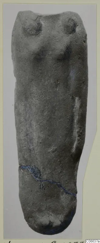 Small headless figurine of a body in grey clay-like material, with a blue-traced crack across the lower part