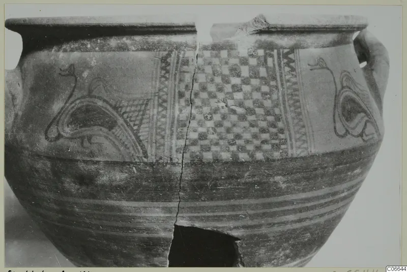 White Painted wheel-made pottery jar with a checkerboard panel and long-necked motifs between zigzag bands
