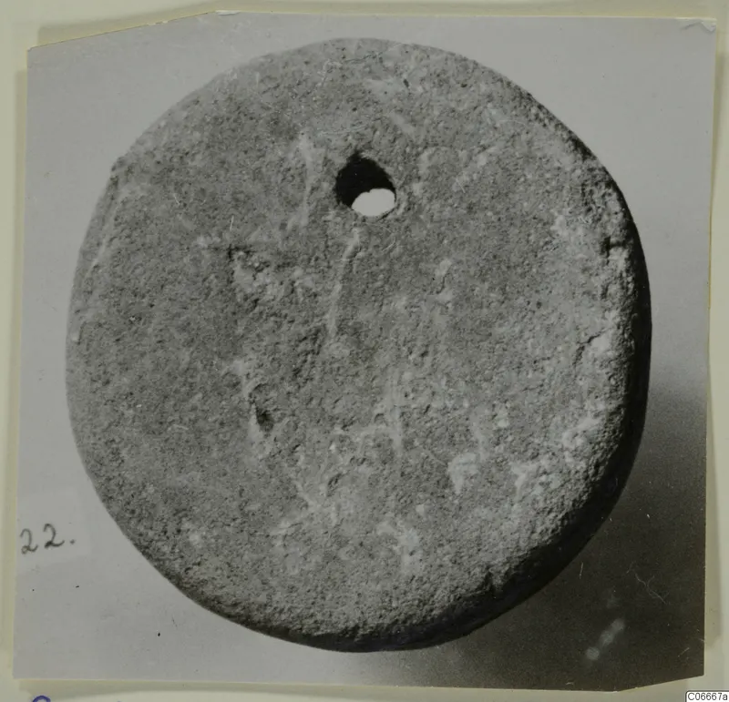 Flat round grey disc with a hole pierced near its upper edge, photographed on a card.