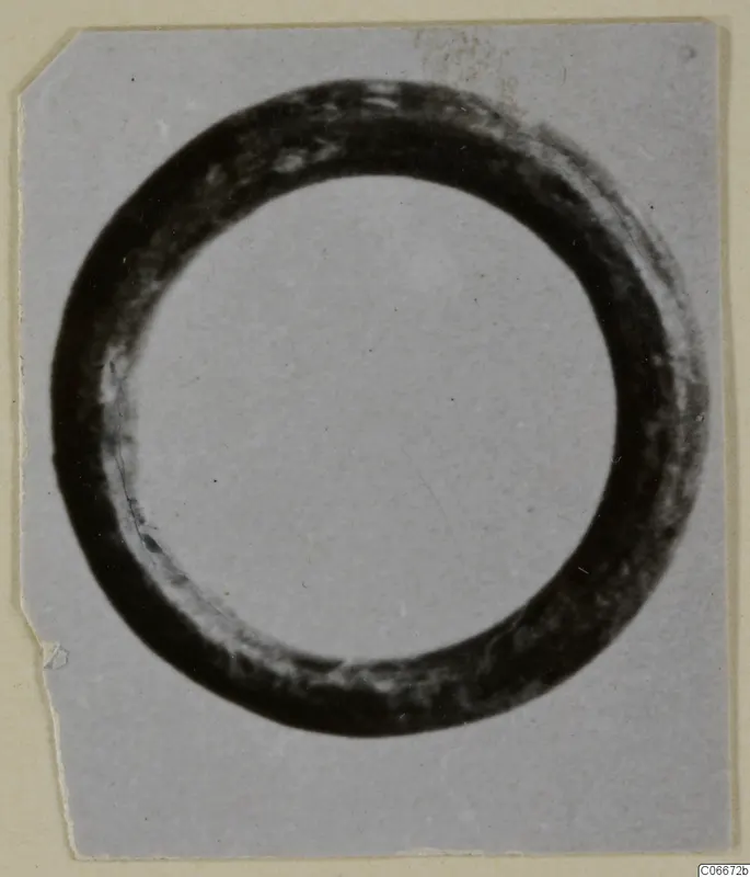 Bronze ring-shaped personal adornment, a thick dark circlet on a light ground