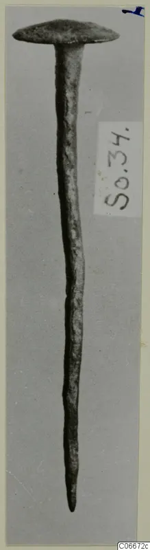 Corroded metal nail with a flat, disc-shaped head, photographed upright against a grey background, from Soli.