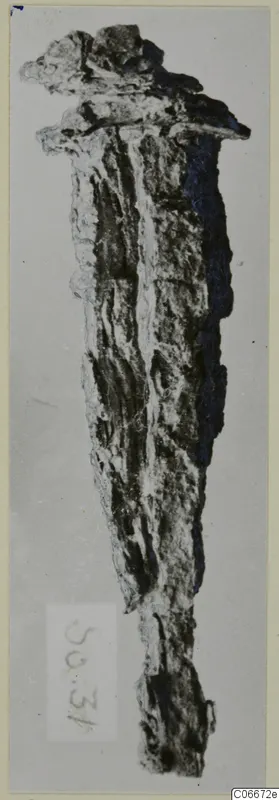 Corroded iron nail with a flattened head, photographed upright against a pale grey background