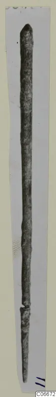 Long, thin bronze object with a pointed top, shown vertically on a light grey background