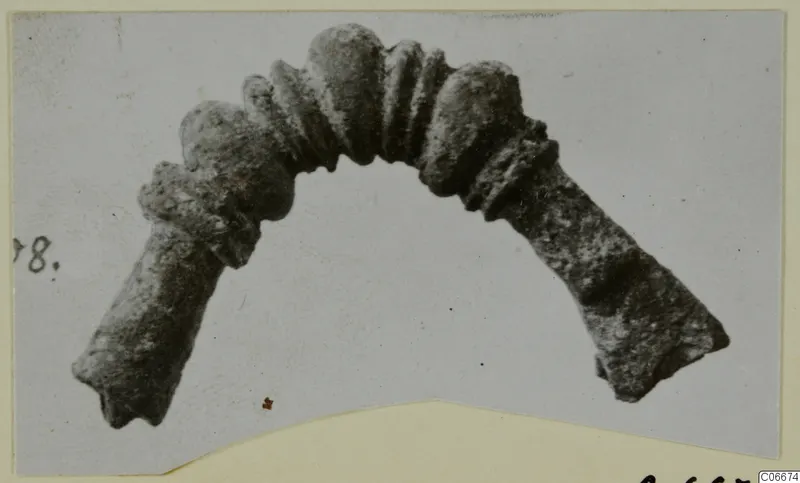 Corroded bronze arch-shaped adornment with knobbed and ribbed segments, shown on a mounted print from Soli