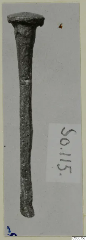 Corroded metal nail photographed upright on a grey card, with a handwritten number label beside it