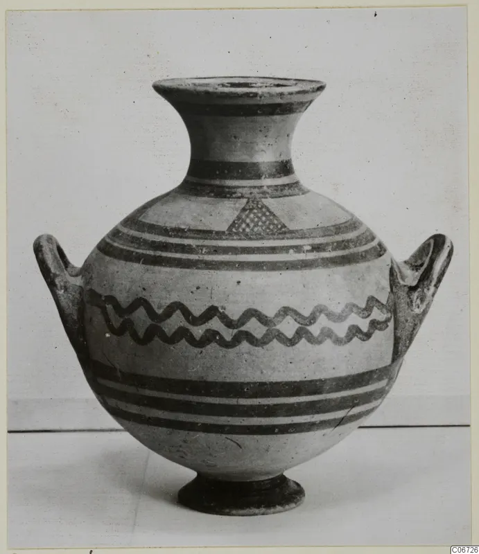 White Painted I amphora with two handles, dark painted bands and a band of wavy lines around the body