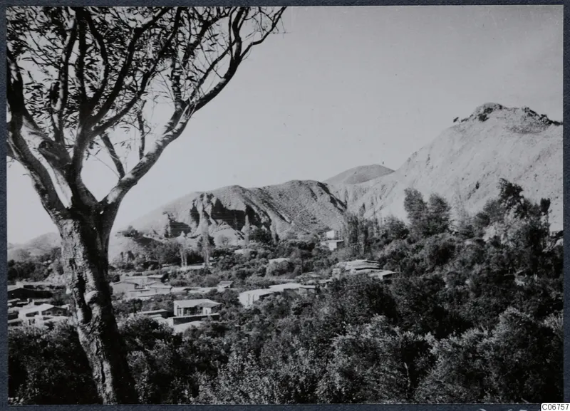 View of Kythrea with a large tree in the foreground, low buildings among trees, and bare rounded hills behind.