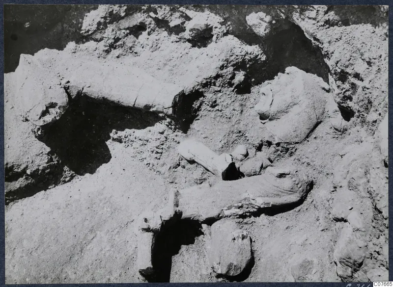Large stone sculpture fragments lying in excavated soil at Vouni Palace