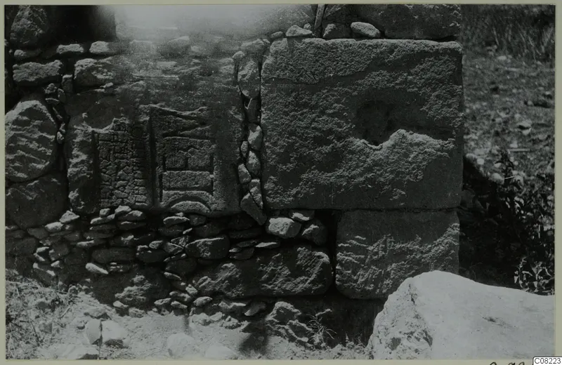 Stone wall of large squared blocks, with carved marks on one block, from Paphos and Pano-Paphos