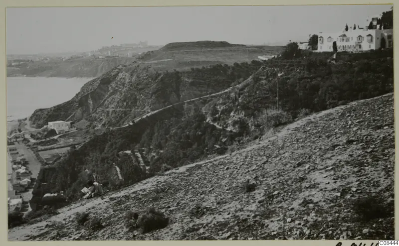 Rocky hillside above the coast with trees, a winding road and a white building on the upper right.