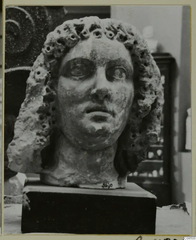 Carved head and bust with curled hair pierced by drilled holes, on a dark rectangular base