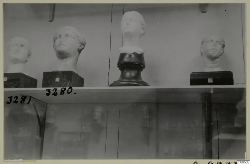 Four pale sculpted heads on dark bases on a glass-fronted shelf, North Africa