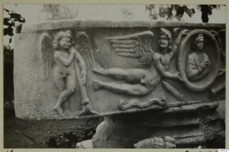 Carved stone block with relief figures of winged figures and an oval medallion bust, outdoors, Carthage.