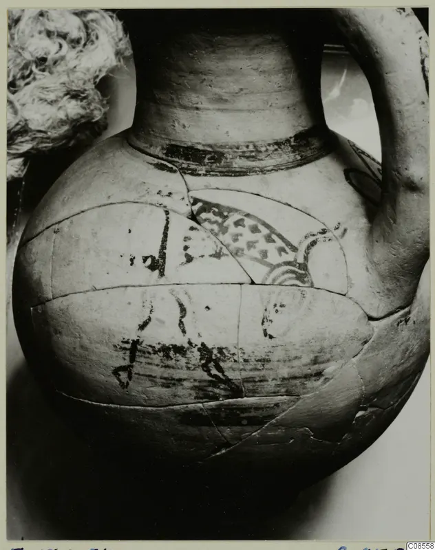 Pottery Levanto-Helladic Ware bowl-jar from Enkomi, with dark painted bands and motifs, reconstructed from fragments