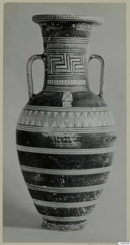 Two-handled vessel with a key-pattern panel on the neck and pointed leaf motifs on the shoulder