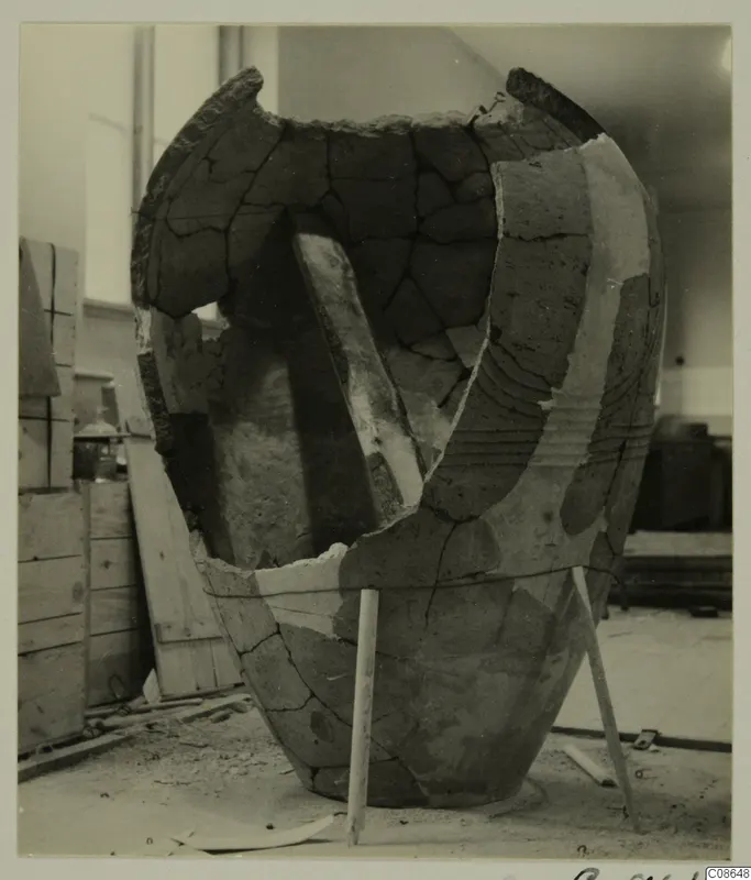 Large pottery pithos, broken and mended, propped with wooden sticks in a storeroom