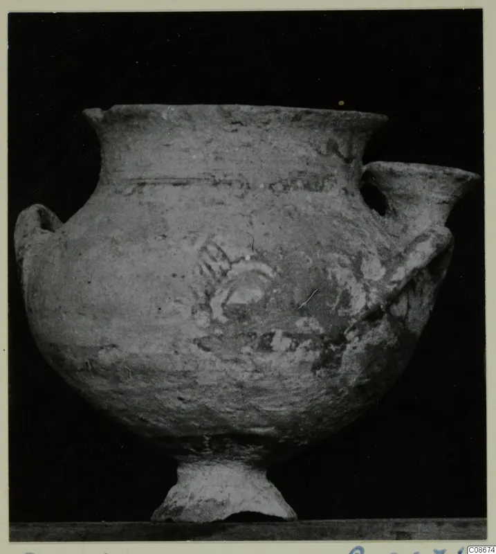 Pottery White Painted I bowl from Lapithos Markides, with two handles and a footed base