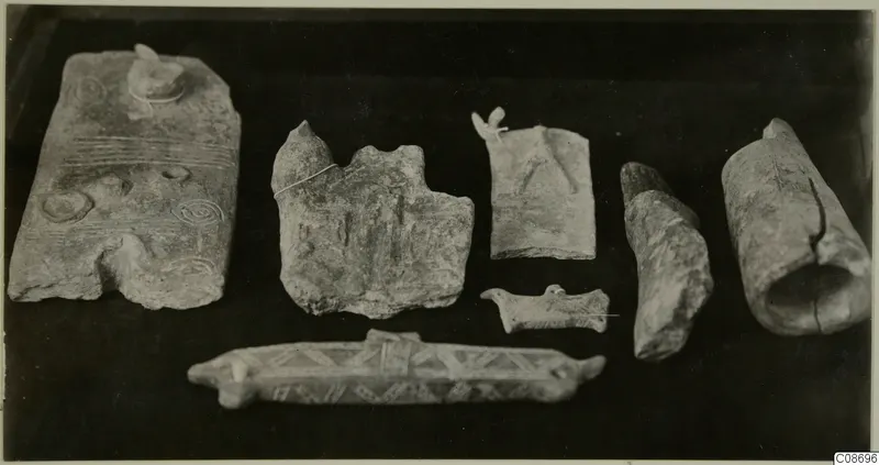 Seven pale objects on a dark ground: an incised rectangular piece, tubes, a small bird-like piece and a long bar with a chevron pattern.
