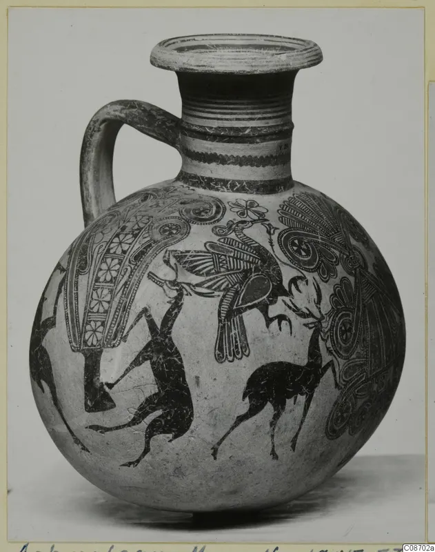 Pottery Bichrome IV jug with black animal and bird decoration on a round body