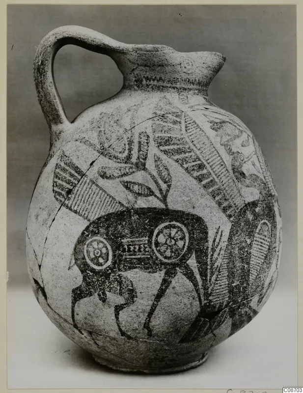 Jug of painted pottery with a loop handle and dark painted animal-like motif with rosette circles, Pottery Bichrome IV