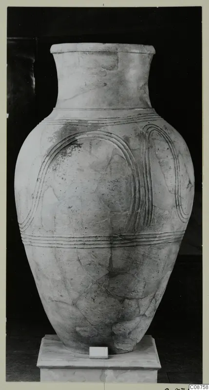 Pottery Pithos Ware: large pale jar with grooved arched and horizontal bands, on a white pedestal