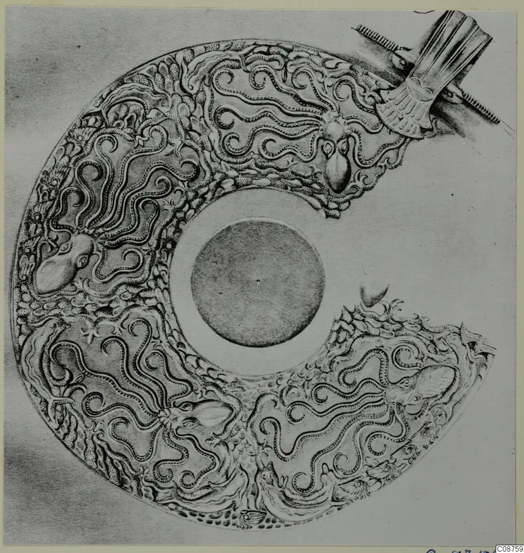 Drawing of a C-shaped gold ornament with tentacle-like relief decoration and a fluted fitting at upper right