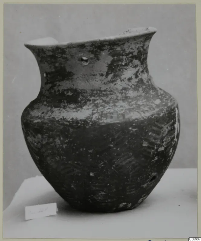 Pottery vessel with a tall neck, flared rim and pinched lip, dark surface with pale worn patches, photographed on a pale table