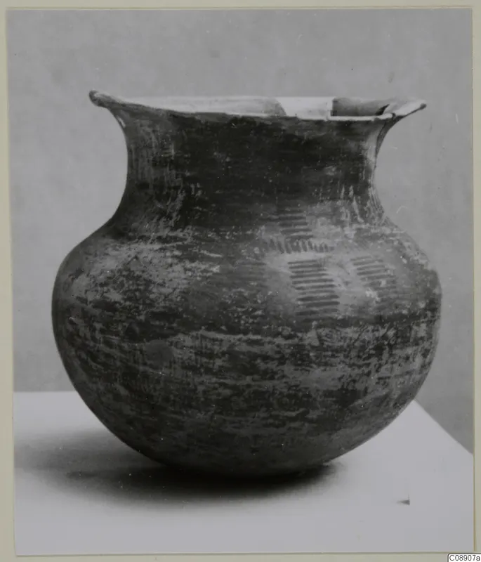 Round-bodied pot with a flaring neck and small handles at the rim, painted with hatched motifs on the upper body.
