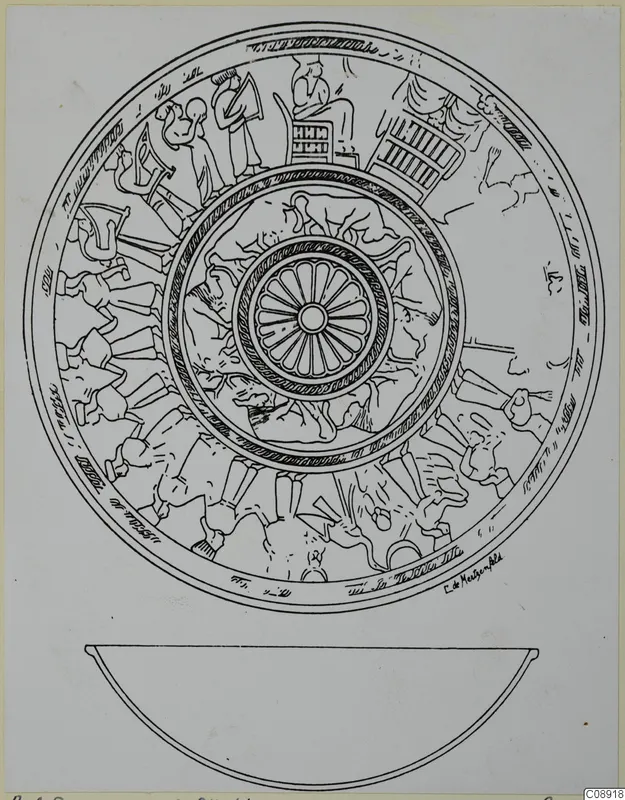 Drawing of a decorated bowl seen from above, with figures and animals around the rim, and its profile below.