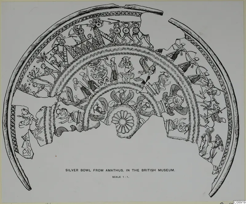 Line drawing of a broken silver bowl shown as a half-circle, with concentric bands of figures and ornament