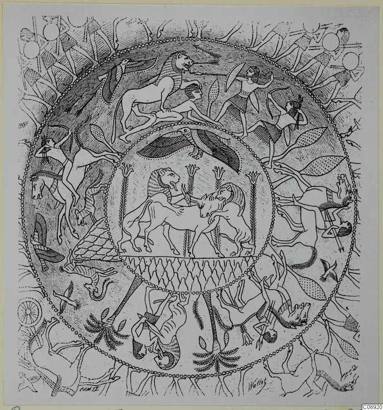 Line drawing of a circular decorated design with a lion and bull fighting in the centre, surrounded by archers and animals in bands