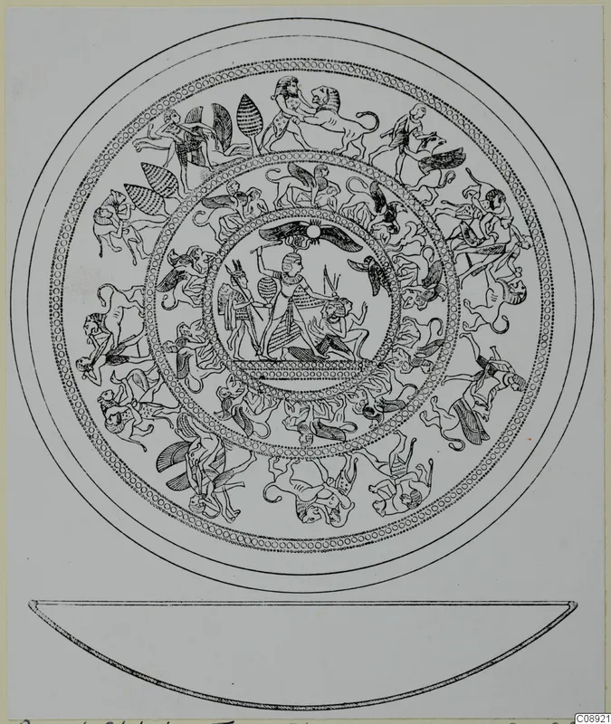 Line drawing of a decorated bowl seen from above, with concentric bands of lions, winged figures and men, and its side profile below.