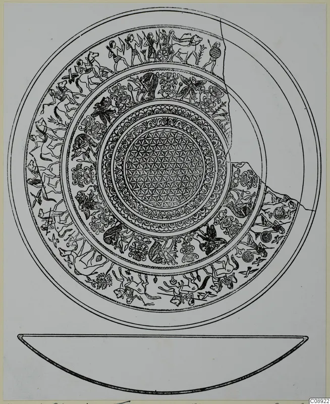 Drawing of a decorated bowl seen from above, with a profile drawing of its edge below