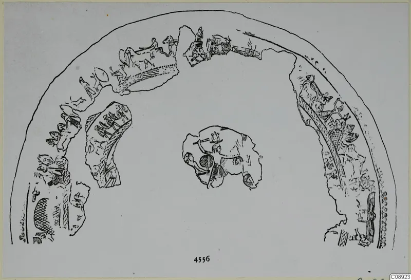 Line drawing of decorated bowl fragments with vehicles, animals and figures around a central scene