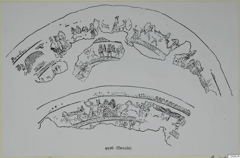 Line drawing of details of a decorated bowl, showing fragments of painted bands with chariots, figures and animals