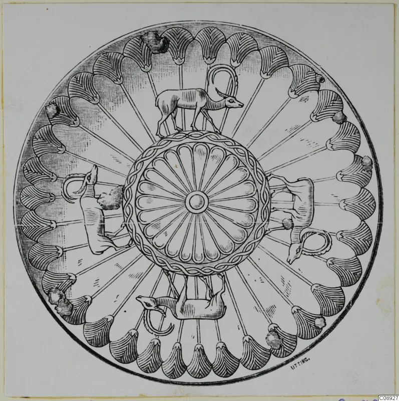 Line drawing of a decorated bowl from above, with a central rosette, four animals and a ring of fan-shaped leaves