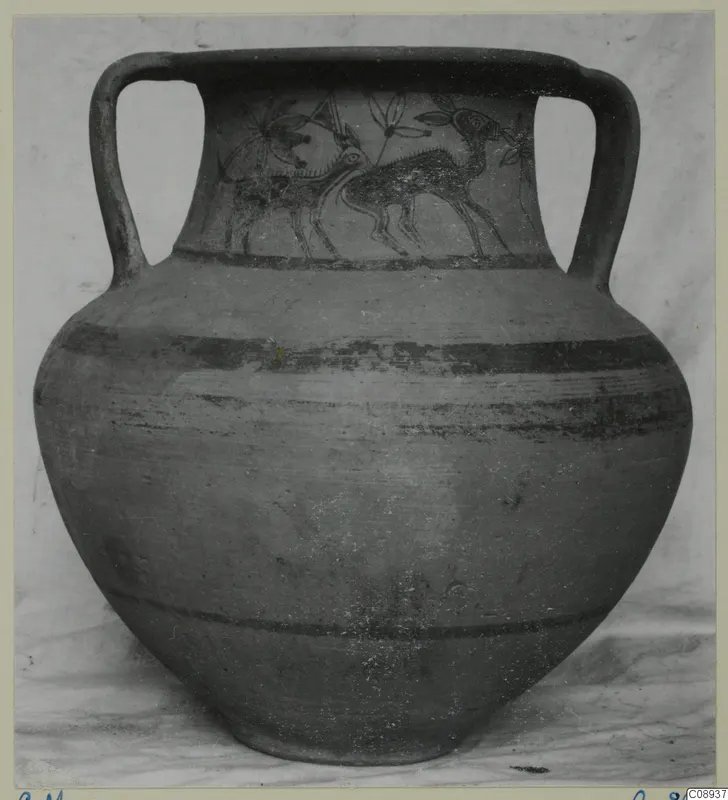 Two-handled jar with painted animals and plant motifs on its neck, photographed from the front