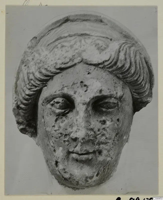 Stone statue head from Arsos, with wavy hair in layered bands and a pitted, chipped surface.
