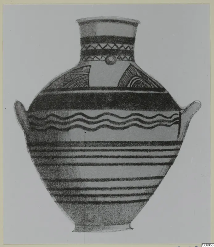 Drawing of a White Painted I amphora with two handles, banded decoration and zigzag bands on the neck