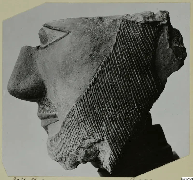 Broken terracotta head in profile facing left, with diagonal incised lines across the hair at the back